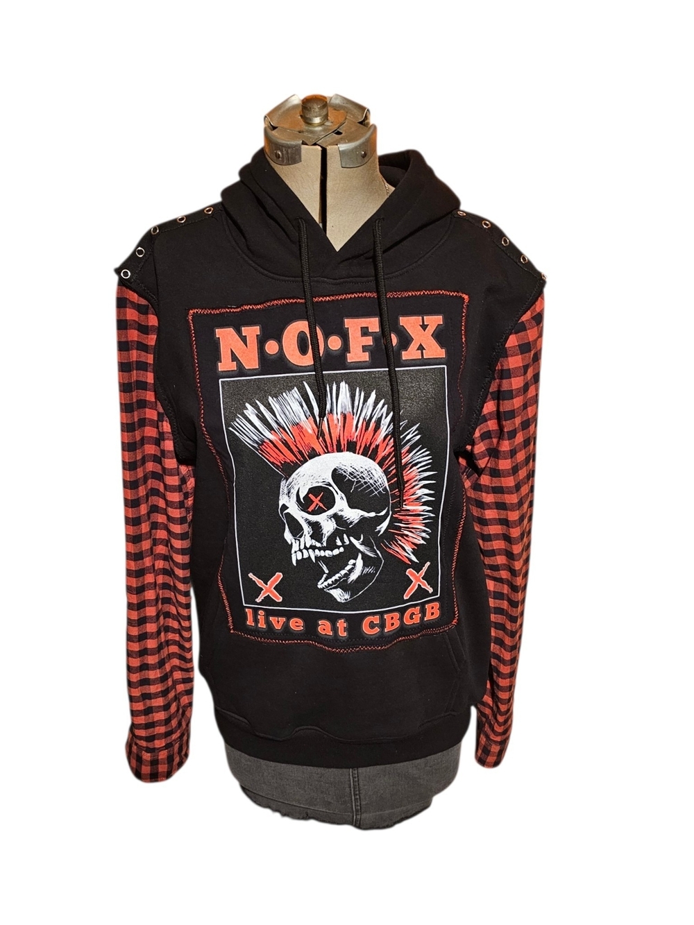 Upcycled NOFX Punk Hoodie Custom Rework Plaid Sleeves M